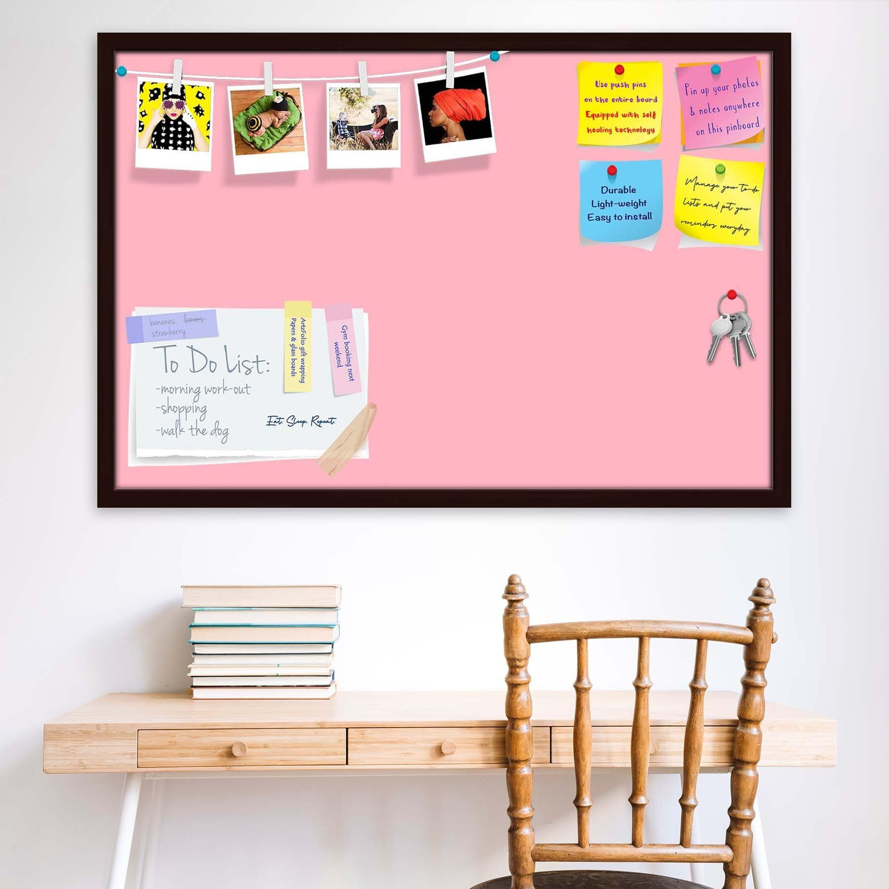 ArtzFolio Pinks Family Light Pink Colour | Bulletin Board Notice Pin Board | Vision Soft Board Combo with Thumb Push Pins & Sticky Notes | Dark Brown Frame | 18 x 12 inch (46 x 30 cms)
