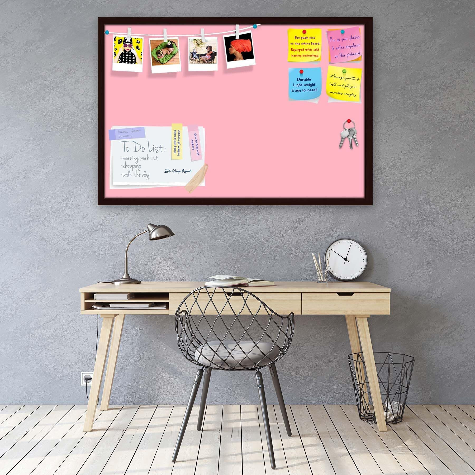 ArtzFolio Pinks Family Light Pink Colour | Bulletin Board Notice Pin Board | Vision Soft Board Combo with Thumb Push Pins & Sticky Notes | Dark Brown Frame | 18 x 12 inch (46 x 30 cms)
