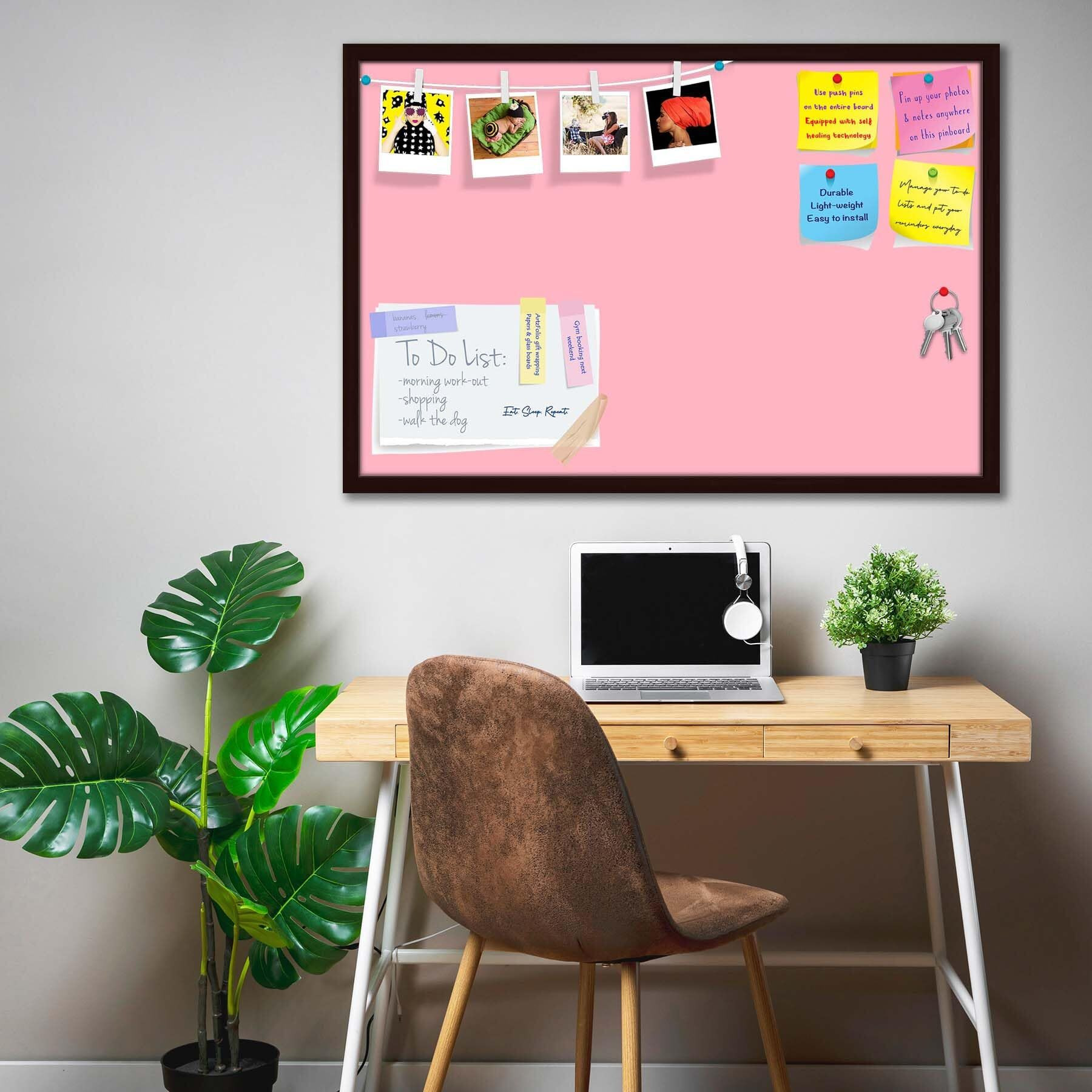 ArtzFolio Pinks Family Light Pink Colour | Bulletin Board Notice Pin Board | Vision Soft Board Combo with Thumb Push Pins & Sticky Notes | Dark Brown Frame | 18 x 12 inch (46 x 30 cms)