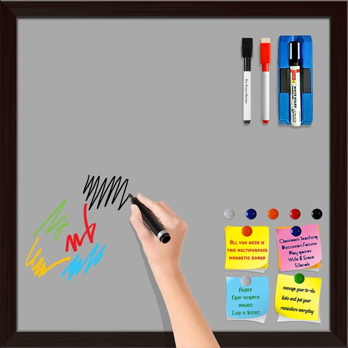 ArtzFolio Greys Family Dark Gray Colour | Framed Magnetic Dry Erase White Board | Includes Sticky Notes, Magnet Buttons & Markers | Dark Brown Frame | 20 x 20 inch (51 x 51 cms)