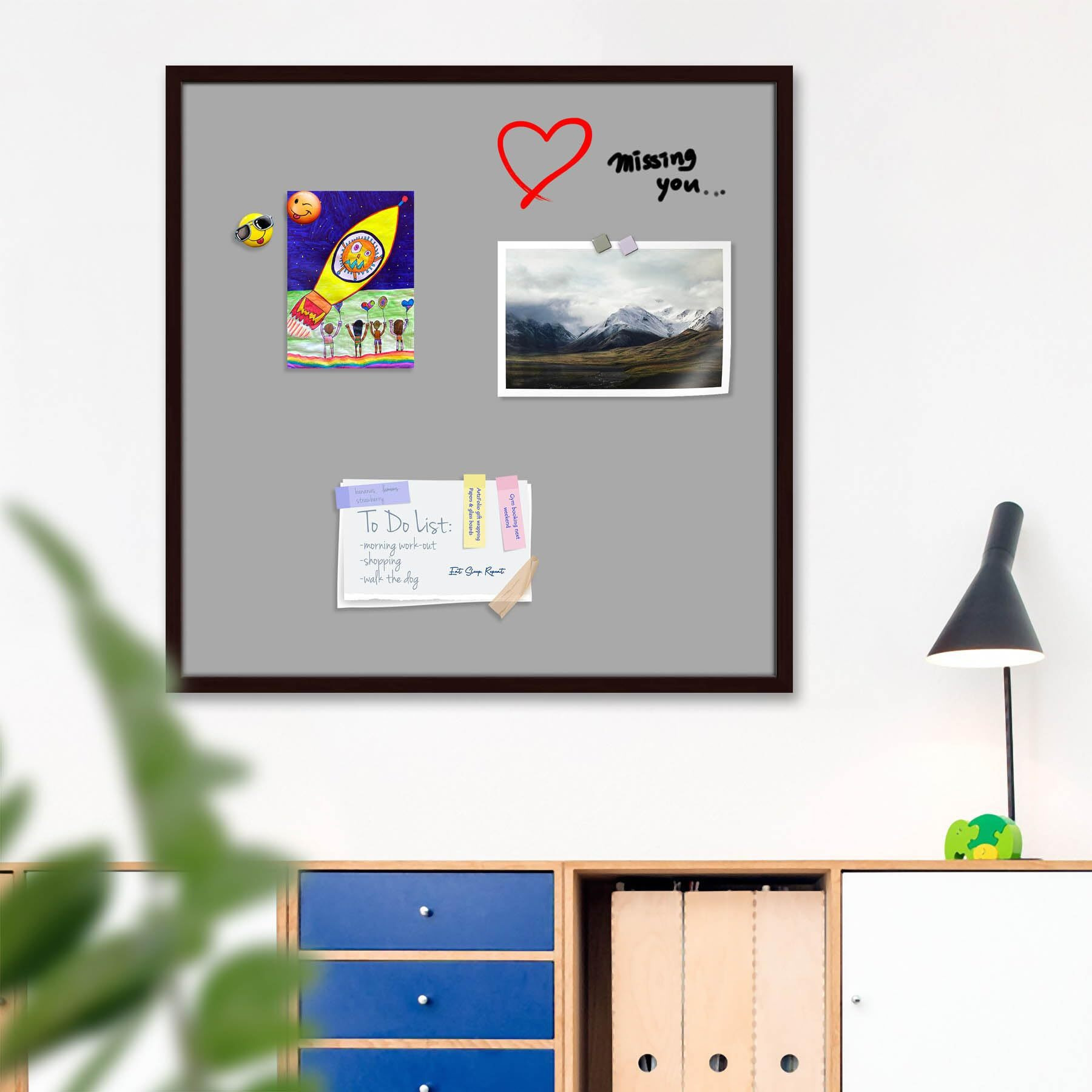 ArtzFolio Greys Family Dark Gray Colour | Framed Magnetic Dry Erase White Board | Includes Sticky Notes, Magnet Buttons & Markers | Dark Brown Frame | 20 x 20 inch (51 x 51 cms)