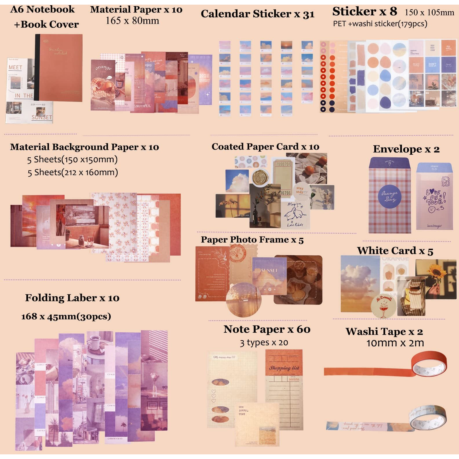 Journaling/Scrapbooking Supplies,Stationery,A6 Grid Notebook with Graph Ruled Pages DIY Scrapbook Kit Gift for Girl KidSunset)