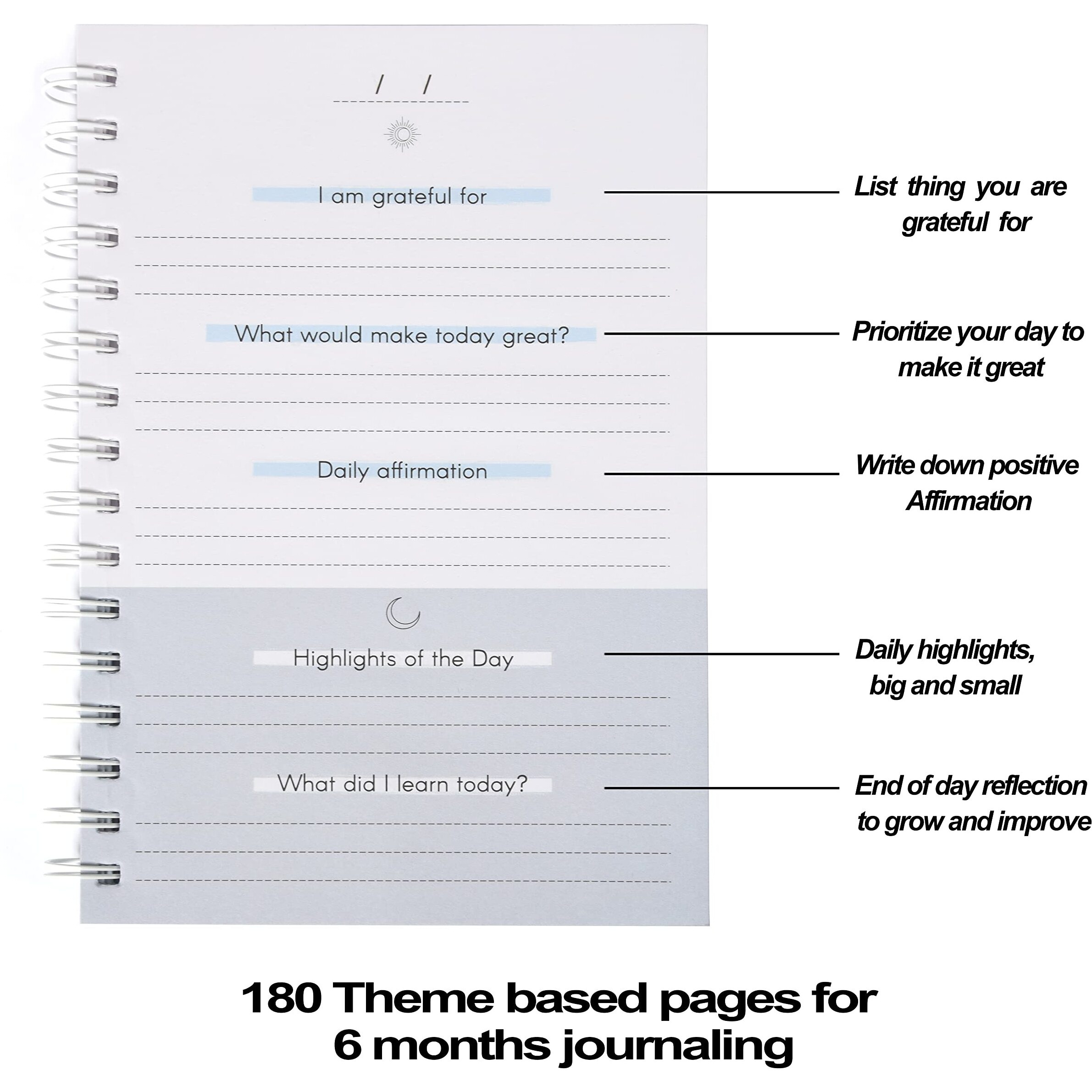 Papboo The Five Minute Gratitude Journal for 6 months, Affirmation Journal, Planner, Happiness,Productivity, Self Care, A5 Size,100 GSM PAPER Hardcover Spiral, Free Sticker, Spacious Pocket(Sapphire)