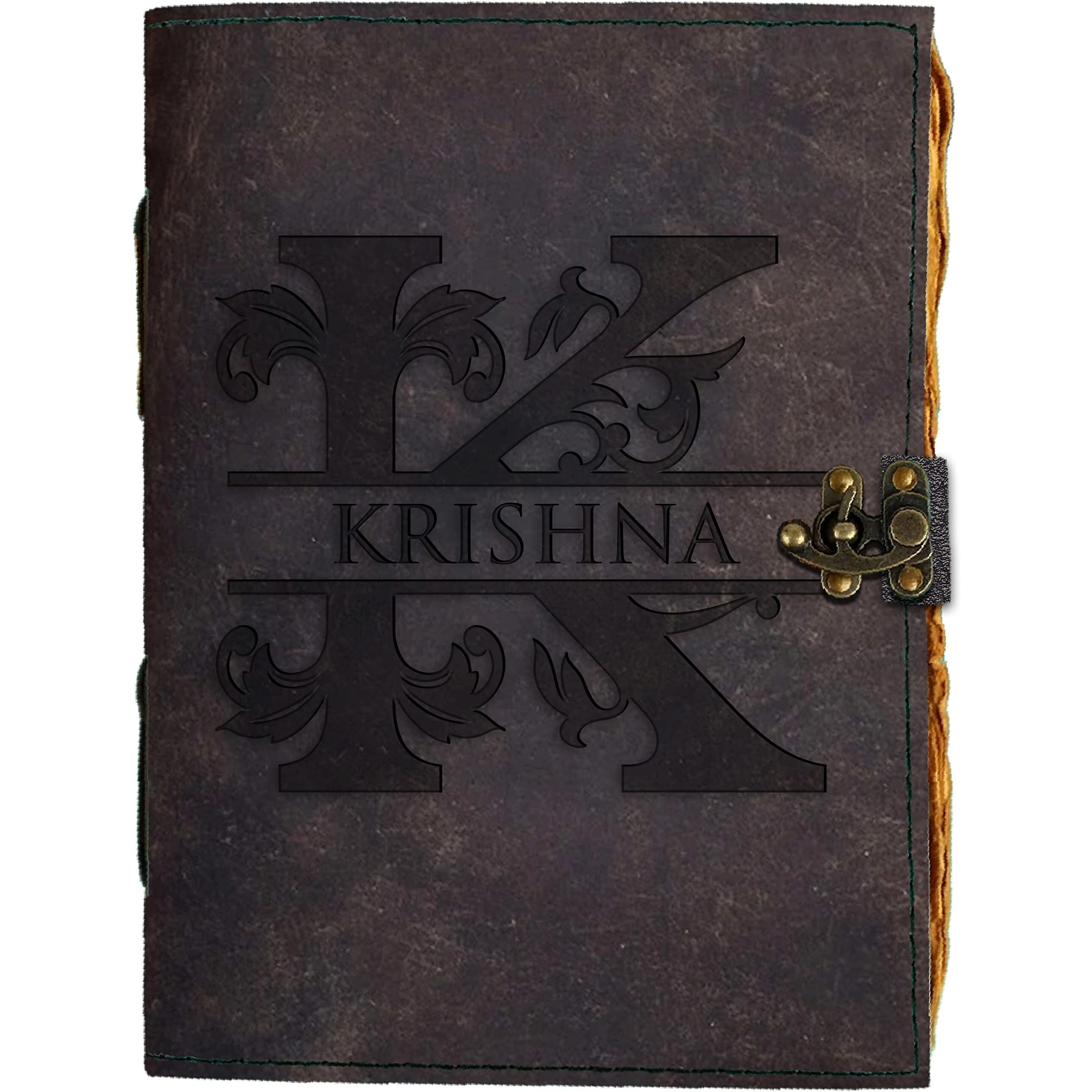 DI - KRAFT Handcrafted Personalised Leather Diary Krishna Printed Notebook with 200 Unruled Pages for Office and Personal Use (A5)