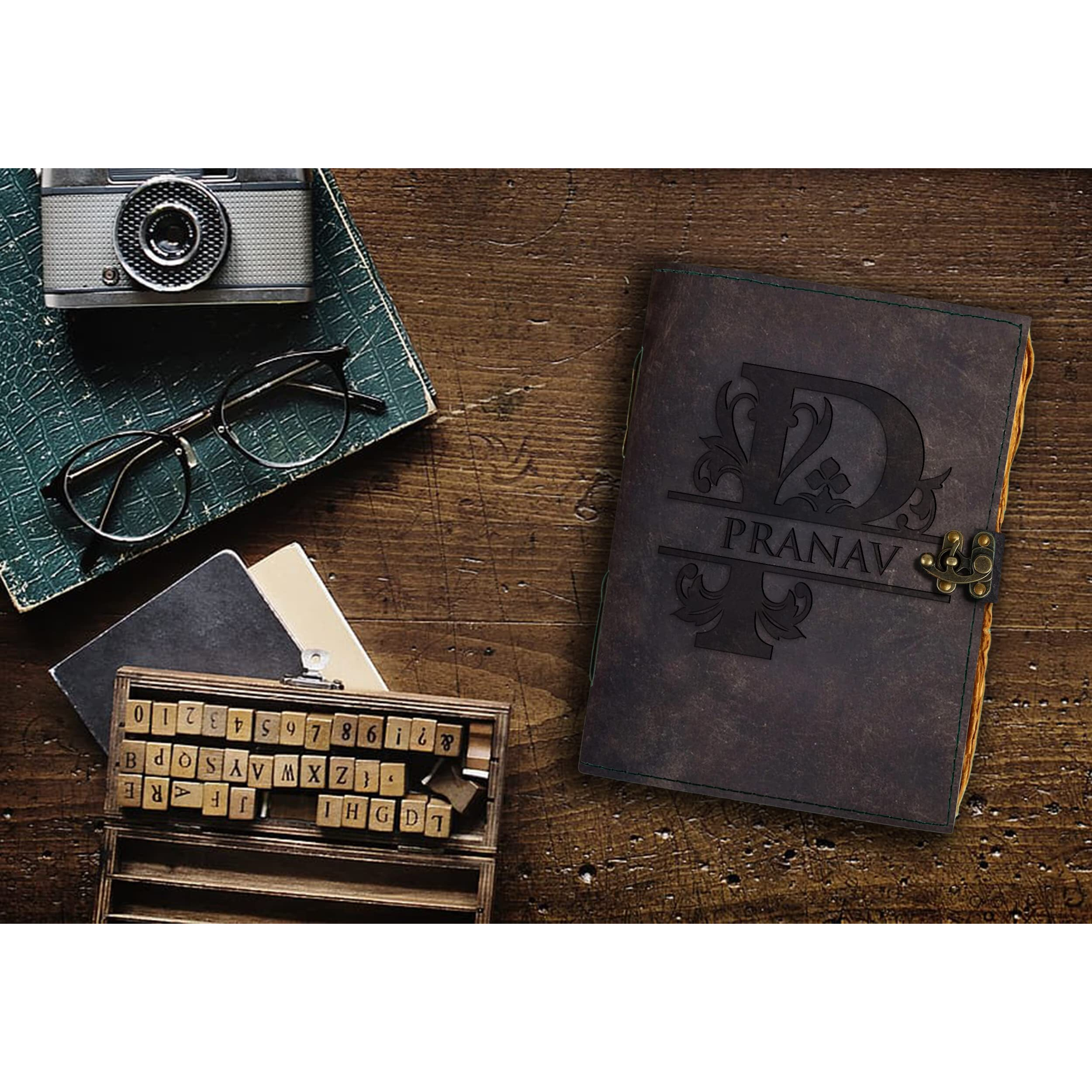DI - KRAFT Handcrafted Personalised Leather Diary Pranav Printed Notebook with 200 Unruled Pages for Office and Personal Use (A5)