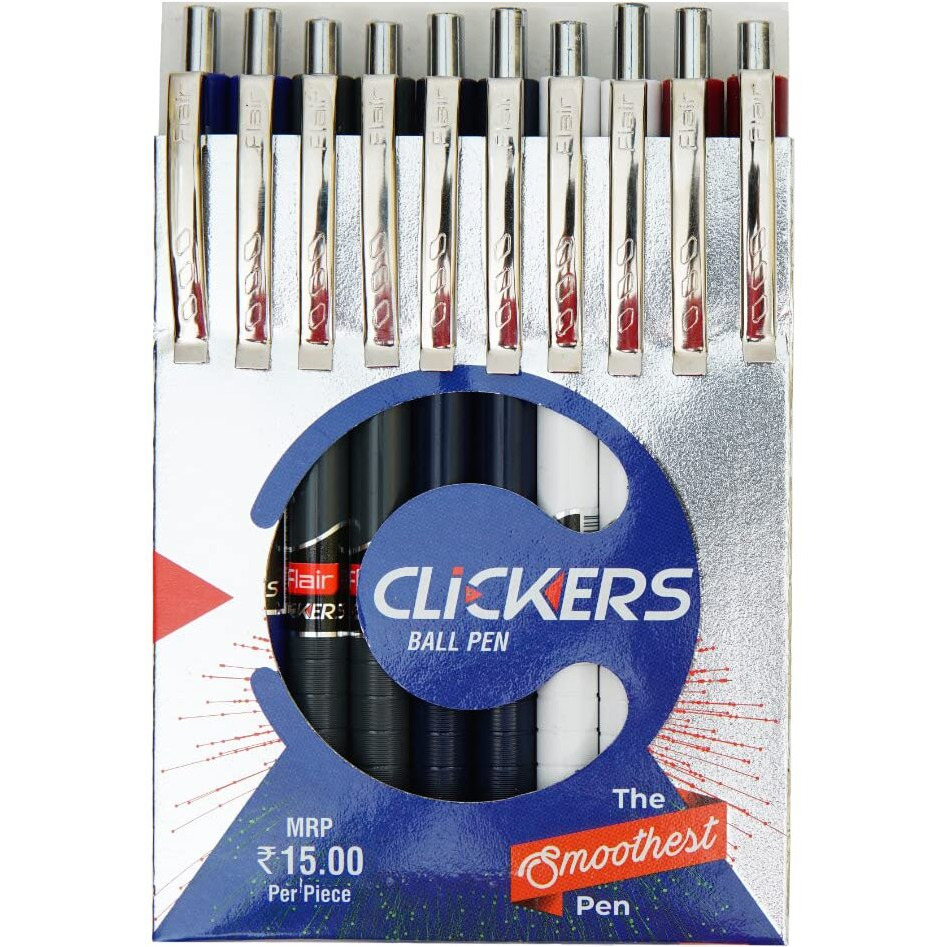 FLAIR Clickers Retractable Ball Pen Wallet Pack | Swiss Tip Technology For Smooth & Effortless Writing | Textured Grip With Chrome Plated Parts | Blue Ink, Set Of 10 Ball Pens x Pack Of 2