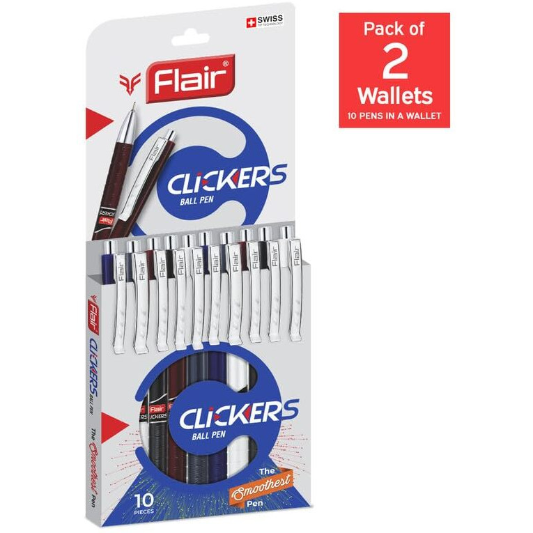 FLAIR Clickers Retractable Ball Pen Wallet Pack | Swiss Tip Technology For Smooth & Effortless Writing | Textured Grip With Chrome Plated Parts | Blue Ink, Set Of 10 Ball Pens x Pack Of 2