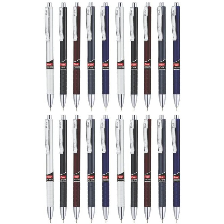 FLAIR Clickers Retractable Ball Pen Wallet Pack | Swiss Tip Technology For Smooth & Effortless Writing | Textured Grip With Chrome Plated Parts | Blue Ink, Set Of 10 Ball Pens x Pack Of 2