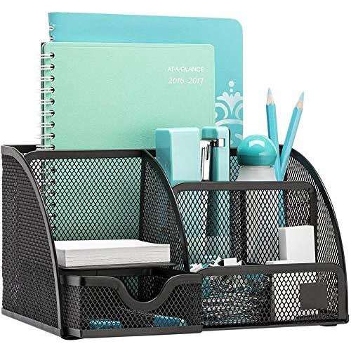 MeRaYo Metal Mesh Pen and Pencil Stationary Storage Tidy Desk Organizer Box with 6 Compartment for Home and Office Accessories (Black color)