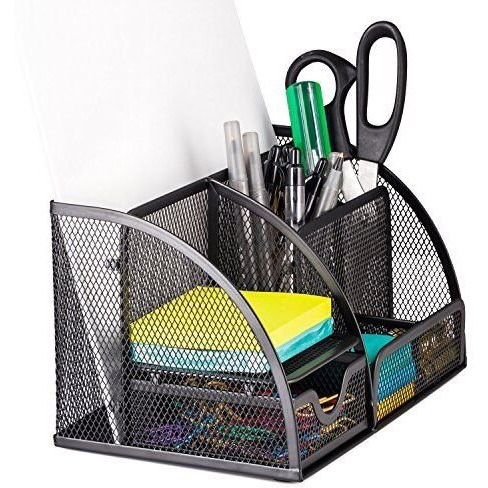 MeRaYo Metal Mesh Pen and Pencil Stationary Storage Tidy Desk Organizer Box with 6 Compartment for Home and Office Accessories (Black color)