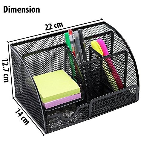 MeRaYo Metal Mesh Pen and Pencil Stationary Storage Tidy Desk Organizer Box with 6 Compartment for Home and Office Accessories (Black color)
