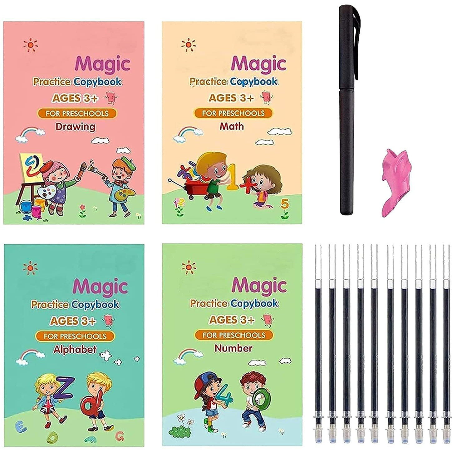QERINKLE Sank Magic Practice Copybook, Number Tracing Book for Preschoolers with Pen, Magic Calligraphy Copybook Set Practical Reusable Writing Tool Simple Hand Lettering