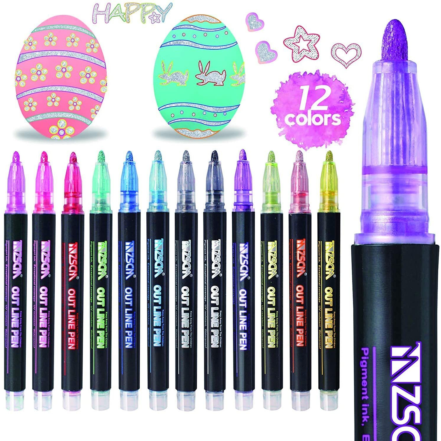 FunBlast 12 Color Marker Pens, Double Line Metallic Outline Markers Pens Glitter - Permanent Marker Pens Set for DIY Art Crafts, Drawing, Coloring and Sketching Pens for Adults, Kids