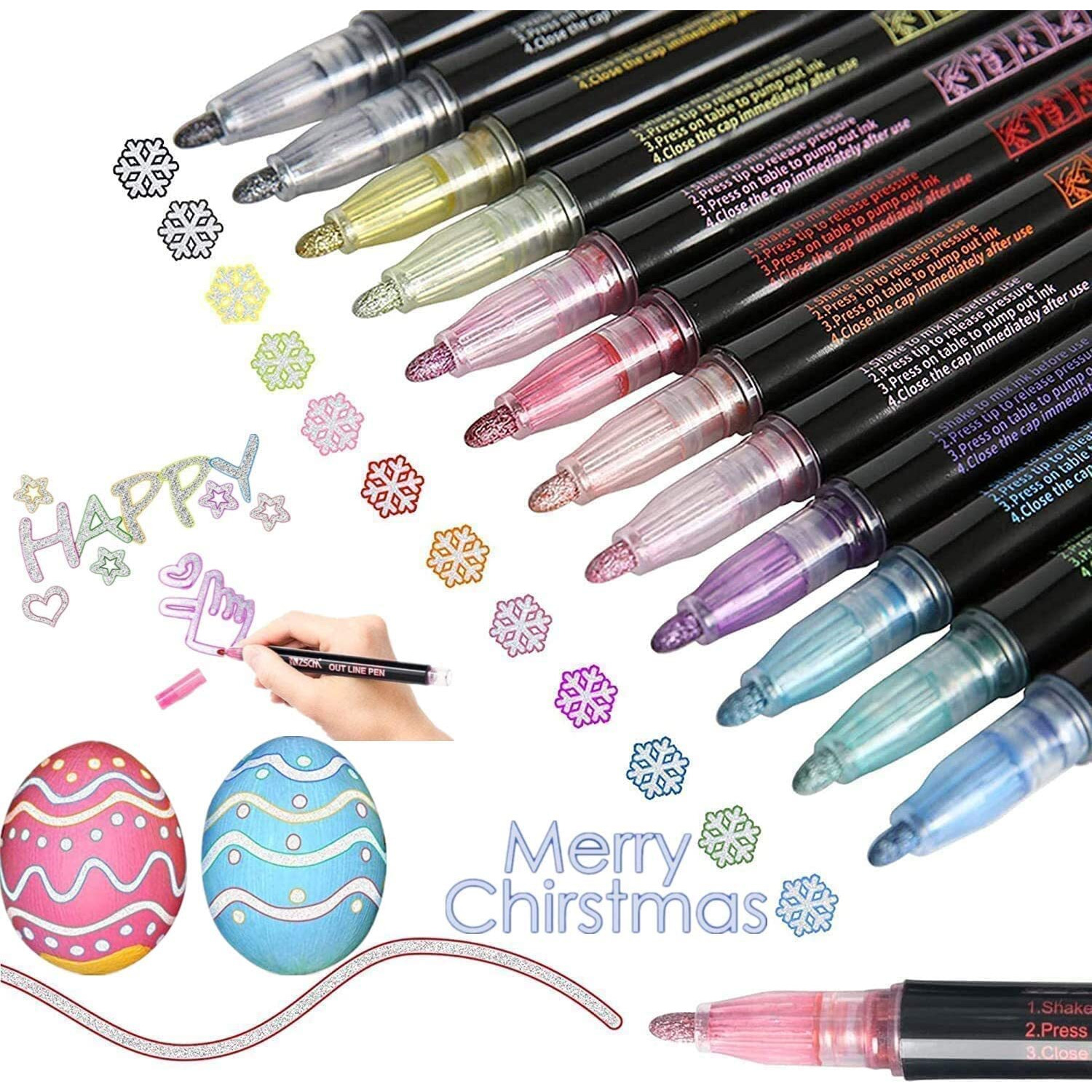 FunBlast 12 Color Marker Pens, Double Line Metallic Outline Markers Pens Glitter - Permanent Marker Pens Set for DIY Art Crafts, Drawing, Coloring and Sketching Pens for Adults, Kids