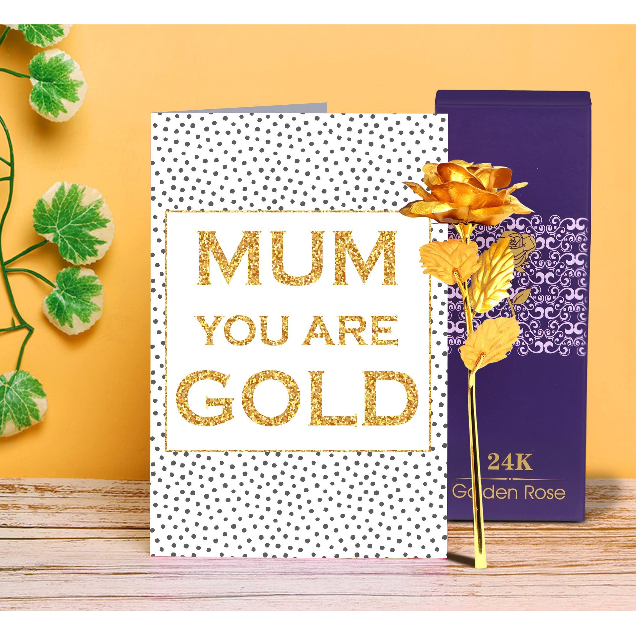 TIED RIBBONS Gift for Mom Mother in Law Women on Mothers Day Birthday Anniversary - Artificial 24k Golden Rose with Box and Greeting Card Combo
