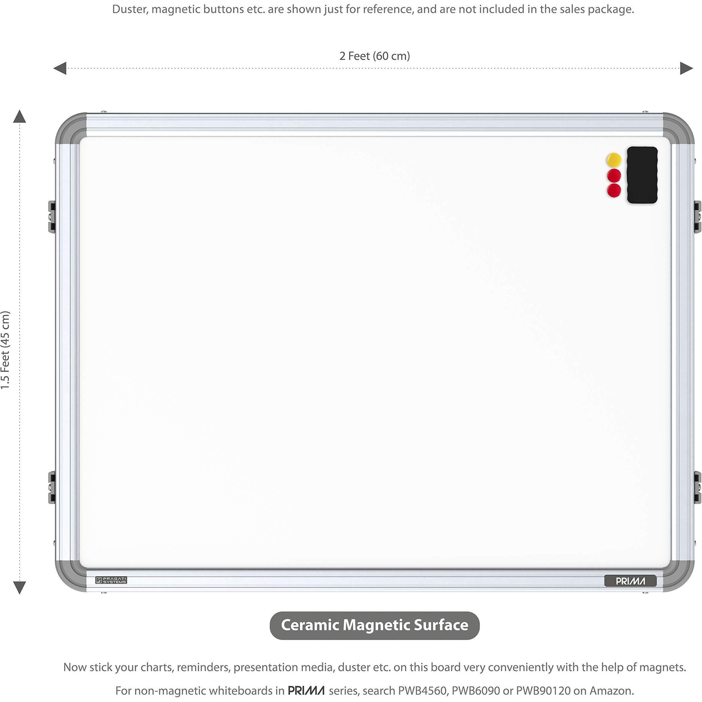 Pragati Systems Prima Ceramic Steel (Magnetic) White Board for Kids, Home & Kitchen with Heavy-Duty Aluminium Frame | Scratch-Proof & Corrosion-Proof Surface | Small Size 1.5x2 Feet (Pack of 1)