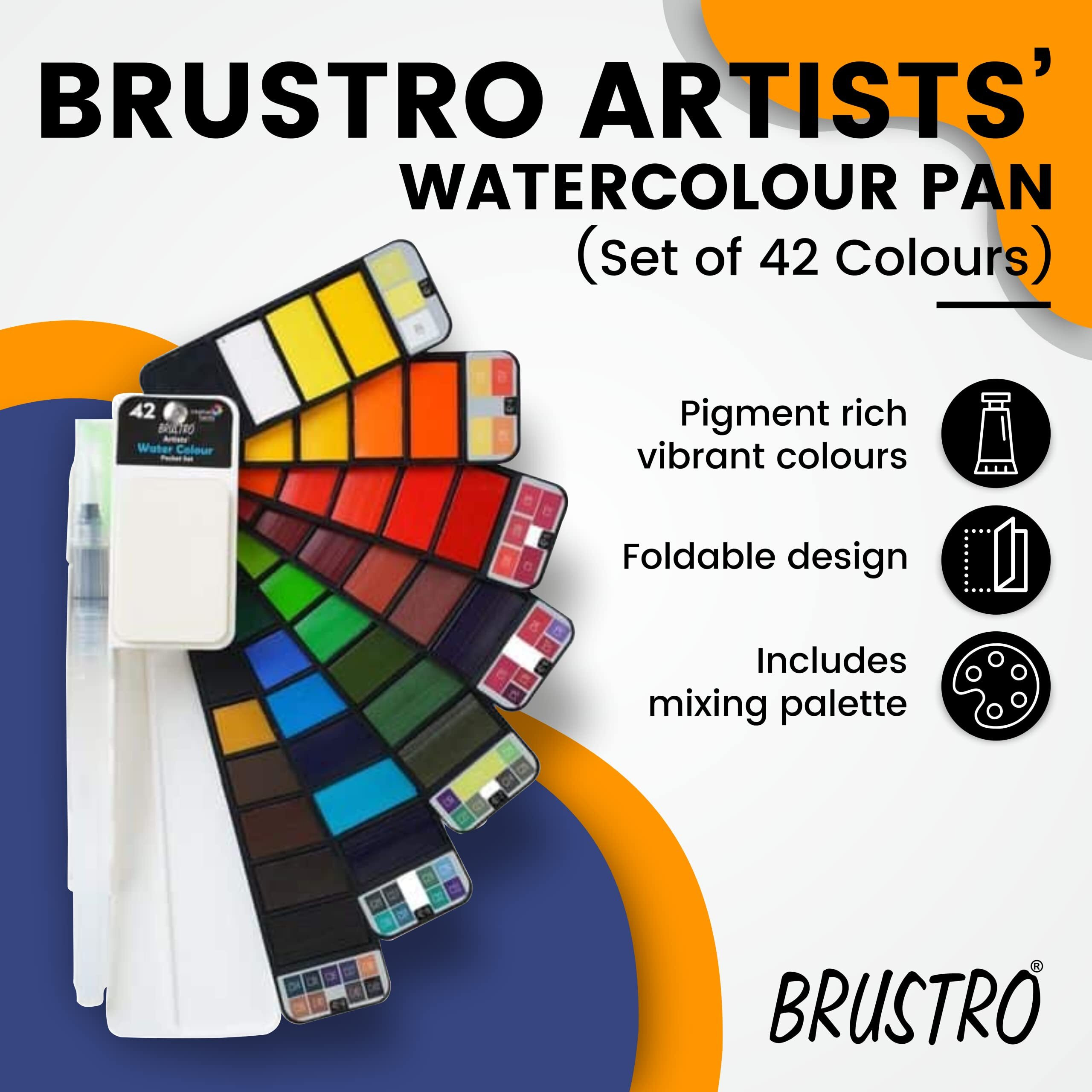 Brustro Artists Watercolour Travel Pan Set Of 42 Colours | Foldable, Rich Pigment, Vibrant Colors, Ideal For Plein Air Painting, Professional Use, Fine Art Students (Includes Mixing Palette)