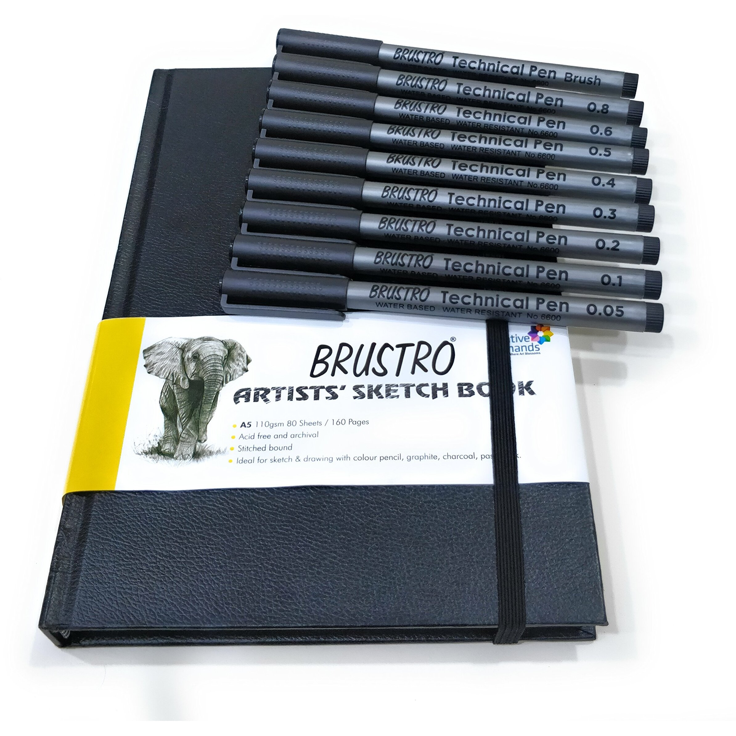 Brustro Artists Sketch Book Stitched Bound A5-110 Gsm, 160 Pages Acid Free & Technical Pen Black Assorted Set Of 9 Combo