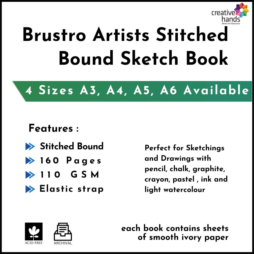 Brustro Artists Sketch Book Stitched Bound A5-110 Gsm, 160 Pages Acid Free & Technical Pen Black Assorted Set Of 9 Combo