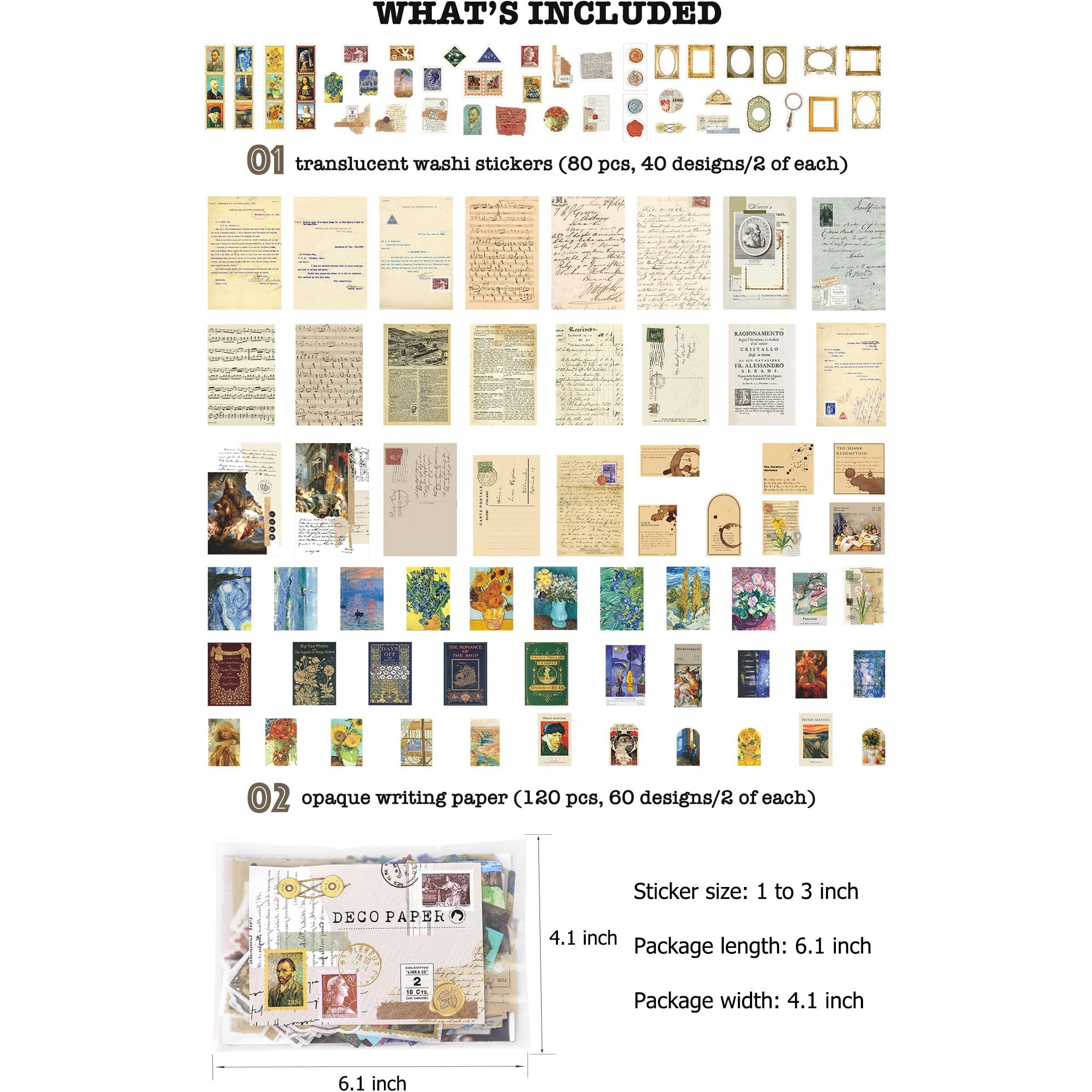Hasthip 200Pcs Vintage Scrapbook Supplies Pack For Art Journaling Bullet Notebook Diy Album Sticker Vintage Journal Stickers Tape, Beige