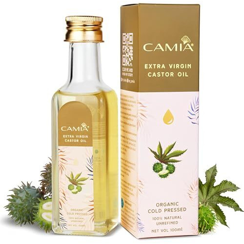 Camia Premium Cold Pressed Organic Castor Oil For Skin, Hair & Eyebrows | Rich In Vit E & Free Fatty Acids | Hydrates & Nourishes Skin | Promotes Hair Growth, Strengthens Strands | 100 Ml Glass Bottle
