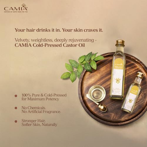 Camia Premium Cold Pressed Organic Castor Oil For Skin, Hair & Eyebrows | Rich In Vit E & Free Fatty Acids | Hydrates & Nourishes Skin | Promotes Hair Growth, Strengthens Strands | 100 Ml Glass Bottle
