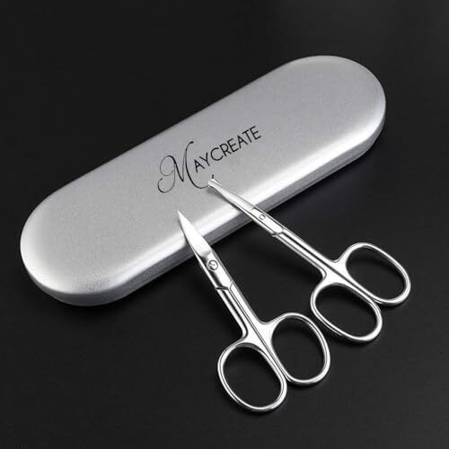 Maycreate 2Pcs Nose Scissors Beard Mustache Eyebrow Trimmer Stainless Steel Set With Storage Box (Silver)