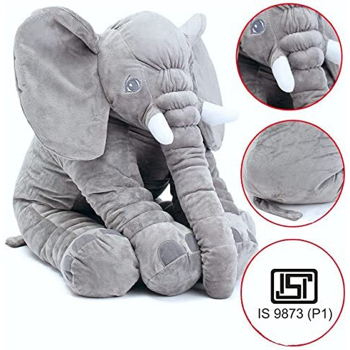 Little Innocents Big Size Fibre Filled Stuffed Animal Elephant Baby Pillow With Ball For Baby Of Plush Hugging Pillow For Kids Boy Girl Birthday Gift (Grey P) - 1Year Above