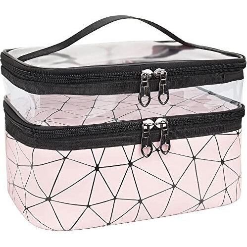 Flyngo Double Layer Cosmetic Bag Organizer Makeup Pouch For Women Travel Cosmetics Case Toiletry Bags For Girls (Pink Diamond)