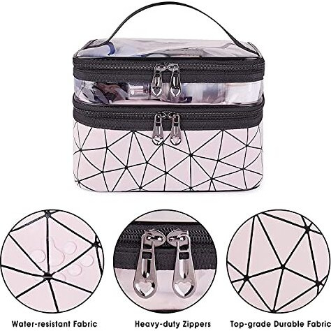 Flyngo Double Layer Cosmetic Bag Organizer Makeup Pouch For Women Travel Cosmetics Case Toiletry Bags For Girls (Pink Diamond)