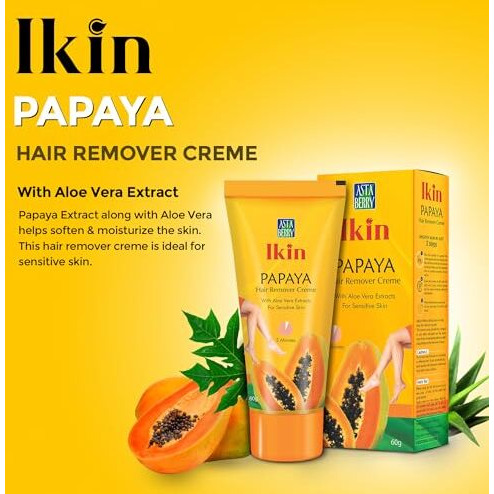 Ikin Papaya Hair Remover Cream For Sensitive Skin - Bikini Hair Removal Cream For Women & Girls (Pack Of 2 (60Gm X 2))