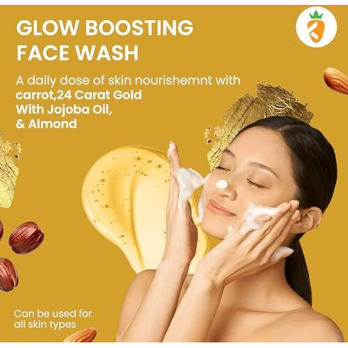 Karrot Natural Skincare Face Wash For Glowing Skin, Boosts Radiance, 24 Carat Gold With Hyaluronic Acid, Carrot, Almond, And Jojoba Oil, For Women And Men, Suitable For All Skin Types, 100 Ml