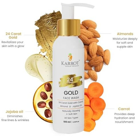 Karrot Natural Skincare Face Wash For Glowing Skin, Boosts Radiance, 24 Carat Gold With Hyaluronic Acid, Carrot, Almond, And Jojoba Oil, For Women And Men, Suitable For All Skin Types, 100 Ml