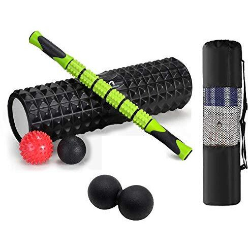Bodylastics 6-In-1 18 Large Size Foam Roller Kit Includes Massage Stick, 3 Massage Balls & Storage Bag For Pre & Post Workout Sessions, Physical Therapy, Deep Tissue Pain Relief, Myofascial Release