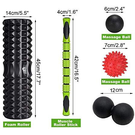 Bodylastics 6-In-1 18 Large Size Foam Roller Kit Includes Massage Stick, 3 Massage Balls & Storage Bag For Pre & Post Workout Sessions, Physical Therapy, Deep Tissue Pain Relief, Myofascial Release