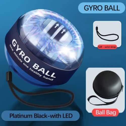The Autostory Advanced Gyro Wrist Strengthener Ball - Enhancing Arms, Fingers, And Wrists With Auto-Start Technology For Powerful Muscles And Bones (Bag Included) (Platinum Core, Lights, Black)
