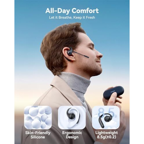 Emeet Airflow Open Ear Headphones, Bluetooth 5.3 Wireless Headsets With Detachable Microphone, 40 Hours Playtime, Ipx5, Wireless Earbuds, Multipoint Pairing, App Control, Ultra Comfort(Black)
