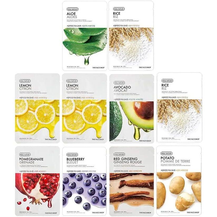 The Face Shop Real Nature Daily Glow Sheet Mask For Glowing Skin & Hydration | Facial Mask With Serum | Korean Sheet Mask For Unisex (Pack Of 10) (Assorted)