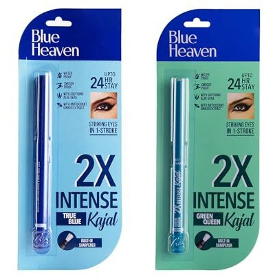Blue Heaven 2X Intense Kajal Combo Green Queen And True Blue | With Soothing Aloe Vera | Upto 24Hr Stay | Long Lasting And Smudge Proof Pencil | Matte Finish| Pack Of 2 | 0.30G Each, Multicolor