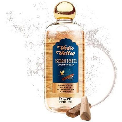 Vedic Valley 100% Natural & Vegan Oud Chandan Body Wash, Sls & Paraben Free Shower Gel For Glowing Skin, Treats Body Acne, Dull & Dry Skin, Fades Tan, Long Lasting Fragrance For Men & Women - 330 Ml