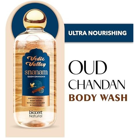 Vedic Valley 100% Natural & Vegan Oud Chandan Body Wash, Sls & Paraben Free Shower Gel For Glowing Skin, Treats Body Acne, Dull & Dry Skin, Fades Tan, Long Lasting Fragrance For Men & Women - 330 Ml