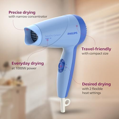Philips Hp8100/60 Compact Hair Dryer| 2 Flexible Heat Setting| Thermoprotect Prevents Overhearting | 1000 Watts- Blue