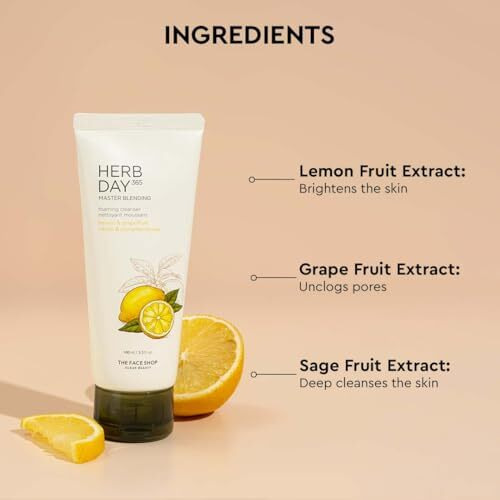 The Face Shop Herb Day 365 Lemon & Grapefruit Face Wash With Vitamin C & Glycolic Acid For Brighter And Glowing Skin | Made In Korea | 100Ml