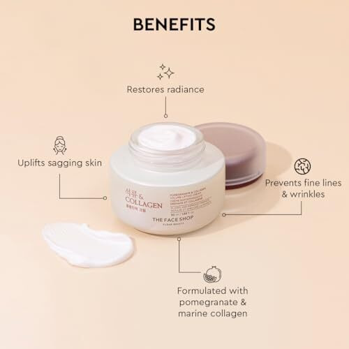 The Face Shop Pomegranate & Collagen Face Cream With 10% Marine Collagen & Pomegranate Extracts | Day & Night Cream To Smooth Wrinkles & Give Intense Moisturization | Suitable For All Skin Types, 50Ml