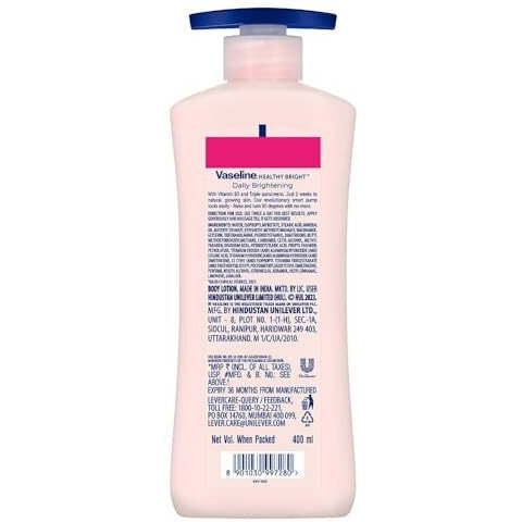 Vaseline Healthy Bright Body Lotion 400 Ml, Daily Brightening Moisturizer With Sunscreen For Dry Skin, Gives Non-Greasy Glowing Skin - For Men & Women