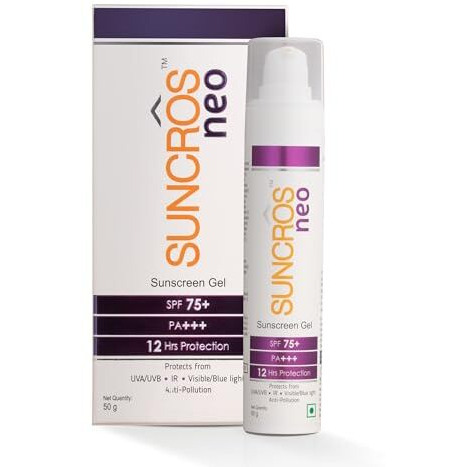 Sunpharma Suncros Neo Generation Sunscreen Gel, Spf 75+ & Pa+++, 12-Hour Sun Protection, Sweat & Water-Resistant Sunscreen, Hydrating, Lightweight, Parabenfree, For Hyperpigmented Skin, 50G