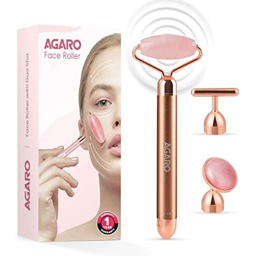 Agaro 3-In-1 Electric Rose Quartz Face Roller, Facial Roller Kit For Face, Eye, Neck, Jade Roller, Anti-Aging Facial Massager For Anti-Wrinkles, Skin Firming And Lifting, (Rose Gold)