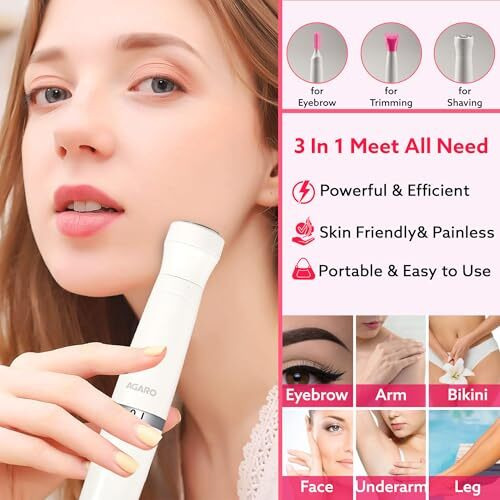 Agaro Rechargeable 3-In-1 Multi Trimmer For Women, Multipurpose Hair Remover For Women, Face, Leg, Eyebrow, Underarms, Bikini Trimmer, 90 Minutes Runtime, White
