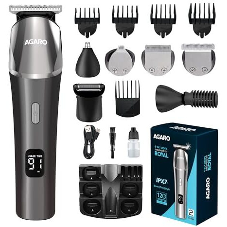Agaro Royal Multi Grooming Kit For Men, 9In1, Shave| Trim | Style, Face Head Body Trimmer, Self Sharpening Stainless Steel Blade, 5 Combs, Metal Body, Type C Fast Charging, 120 Min Usage, Ipx7, Silver