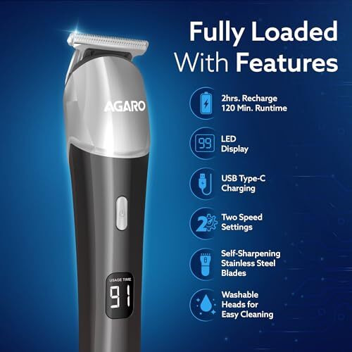 Agaro Royal Multi Grooming Kit For Men, 9In1, Shave| Trim | Style, Face Head Body Trimmer, Self Sharpening Stainless Steel Blade, 5 Combs, Metal Body, Type C Fast Charging, 120 Min Usage, Ipx7, Silver